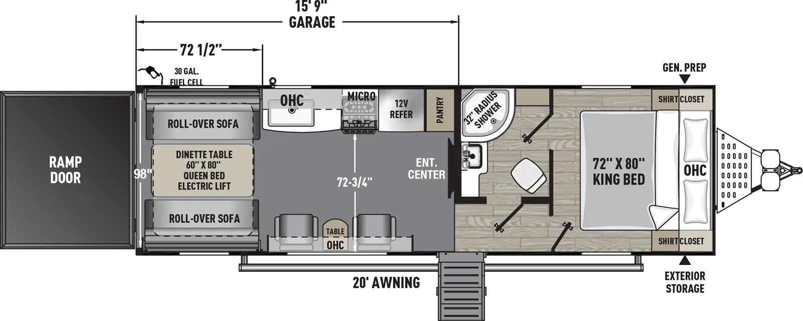 The Work and Play 27KB floorplan is a toy hauler that has one entry and zero slide outs. Exterior features include: fiberglass exterior and 20' awning. Interiors features include: front bedroom.